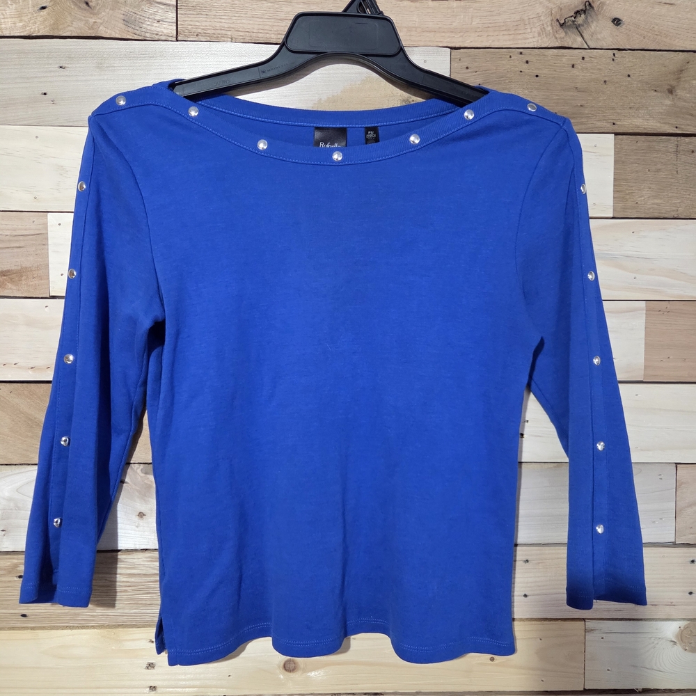 Blue Studded Shoulder Boat Neck Stretch Knit Top 3/4 Sleeve Casual